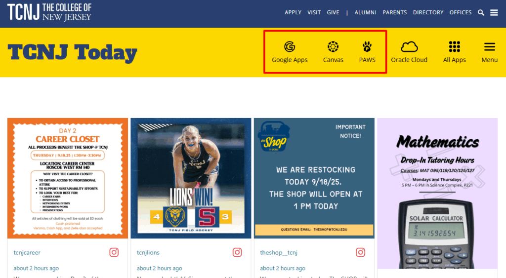 High resolution of TCNJ Today homepage.